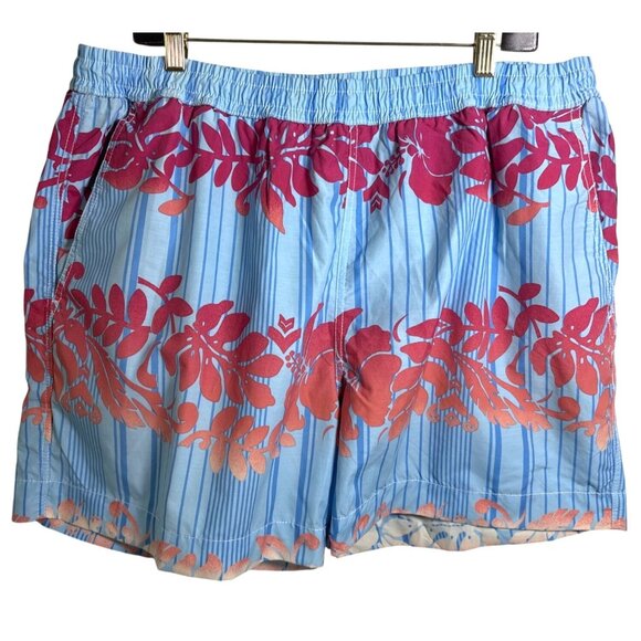Tommy Bahama Lined Swim Trunks Size XL New  Blue Red Floral Stripe Pockets Beach - Picture 1 of 9